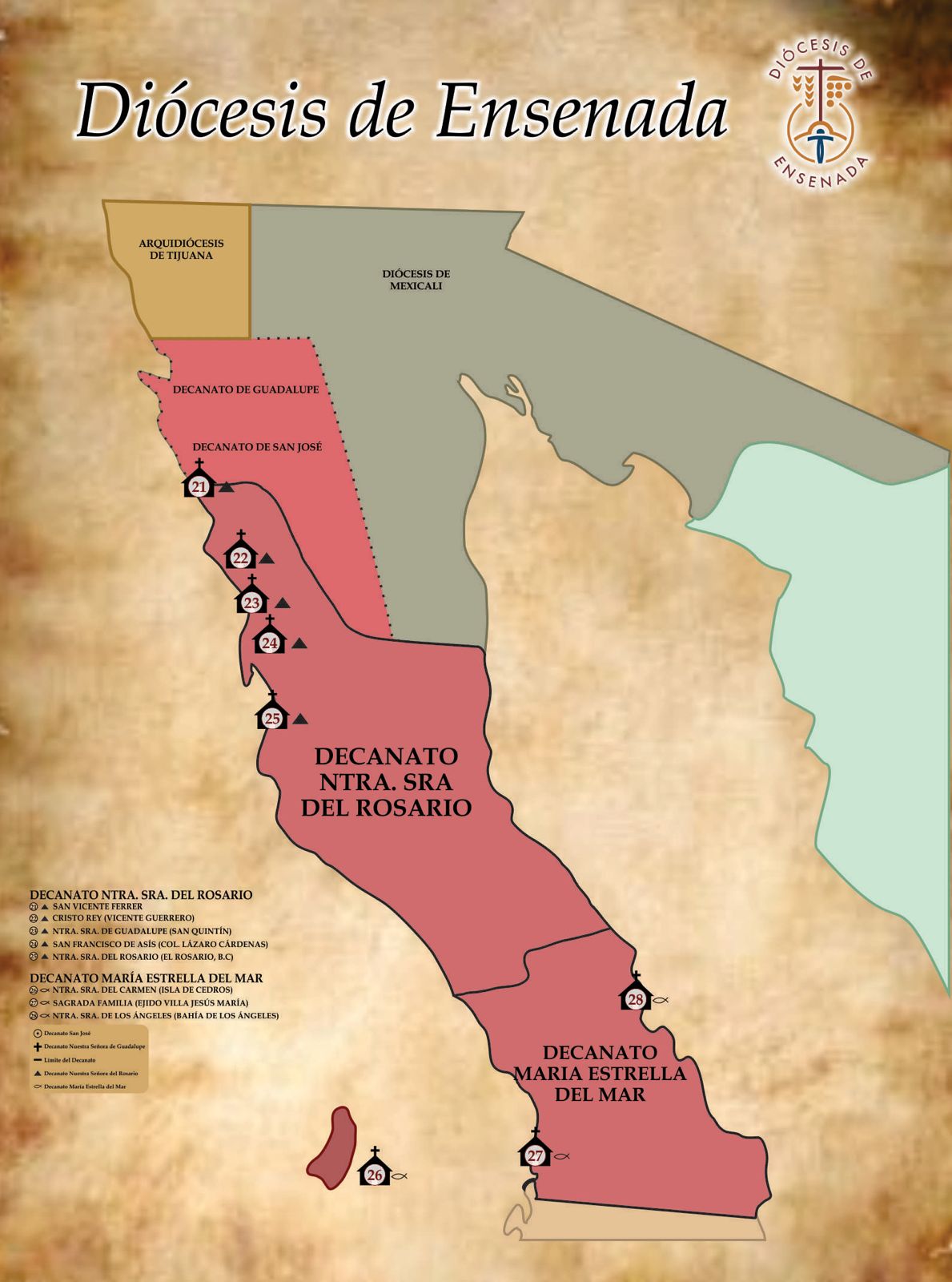 Mapa de la Diócesis de Ensenada con sus cuatro decanatos